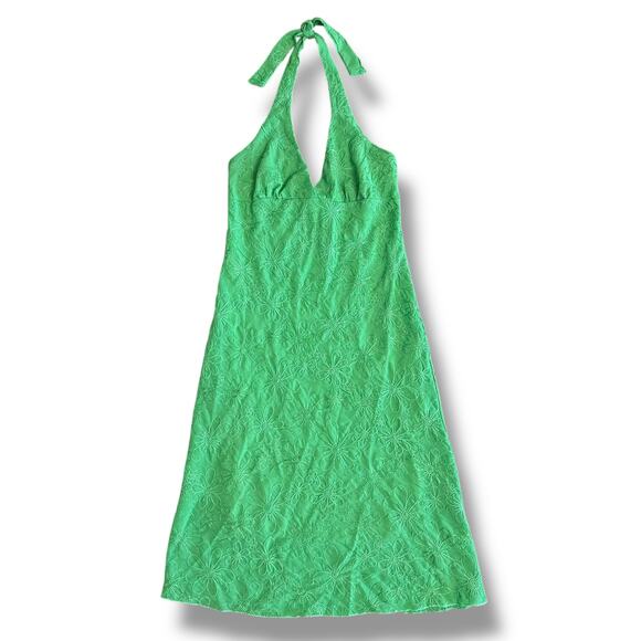 Y2K Vintage Glam Green Embroidered Floral Halter Dress Made in USA Size M - Picture 7 of 9